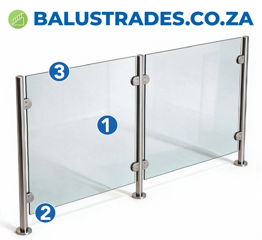 Standard height glass balustrade with stainless steel posts and pressure brackets
