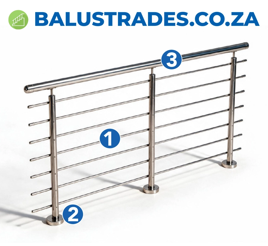 Stainless steel balustrade with horizontal filler bars and floor mounted posts