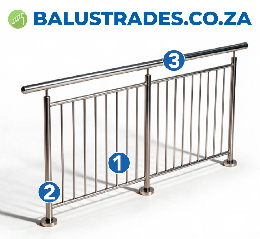 Stainless steel balustrade with vertical filler bars and floor mounted posts