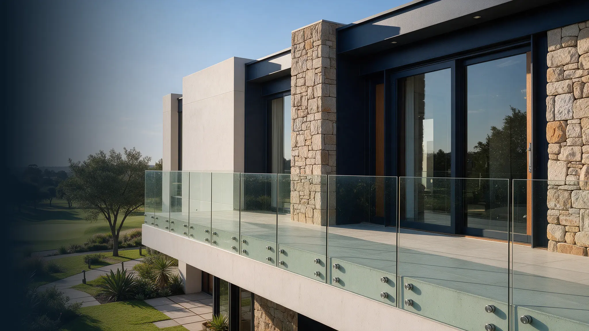 Glass balustrades at a luxury South African home overlooking landscaped gardens